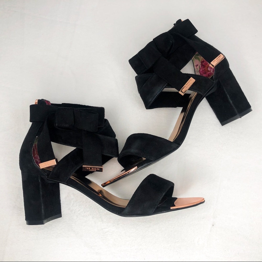 Ted Baker Black Suede Sandals: Block Heel, Bow Detail, Rose Gold Hardware